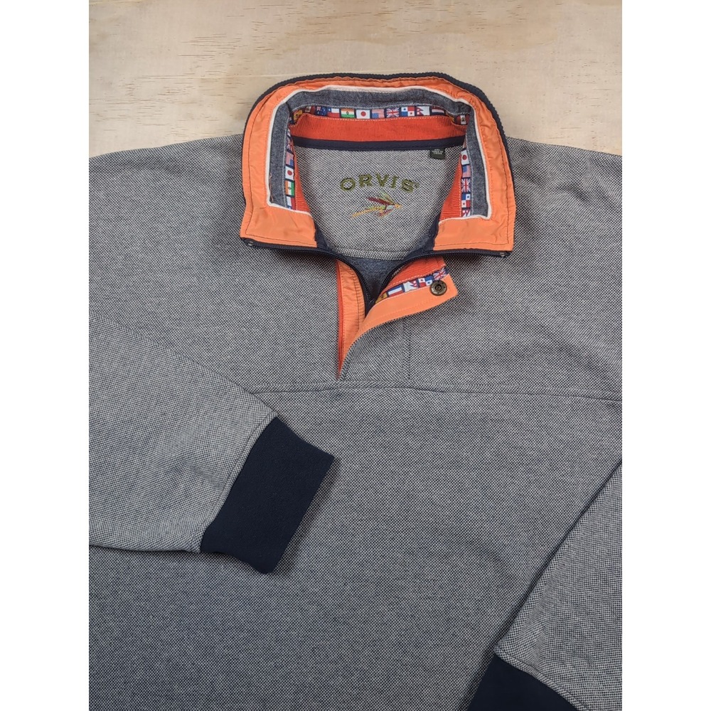 Orvis Gray Blue  1/4 Zip Snap Pullover Sweater Flags of the World  XXL